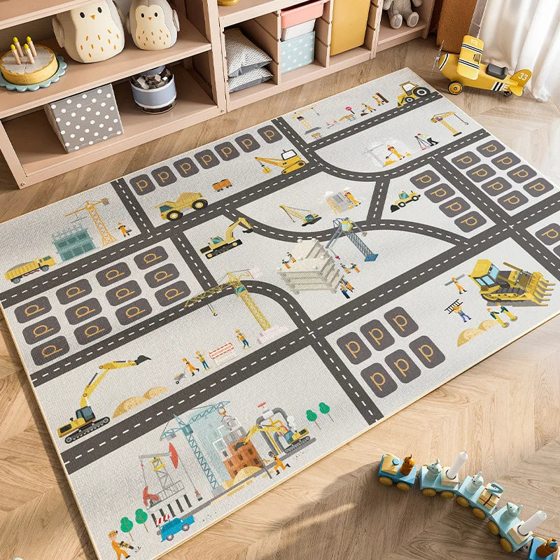 Cartoon Car Traffic Kids Play Mat Crystal Velvet Children's Area Rug Baby Crawling Carpet for Playroom Bedroom Living Room