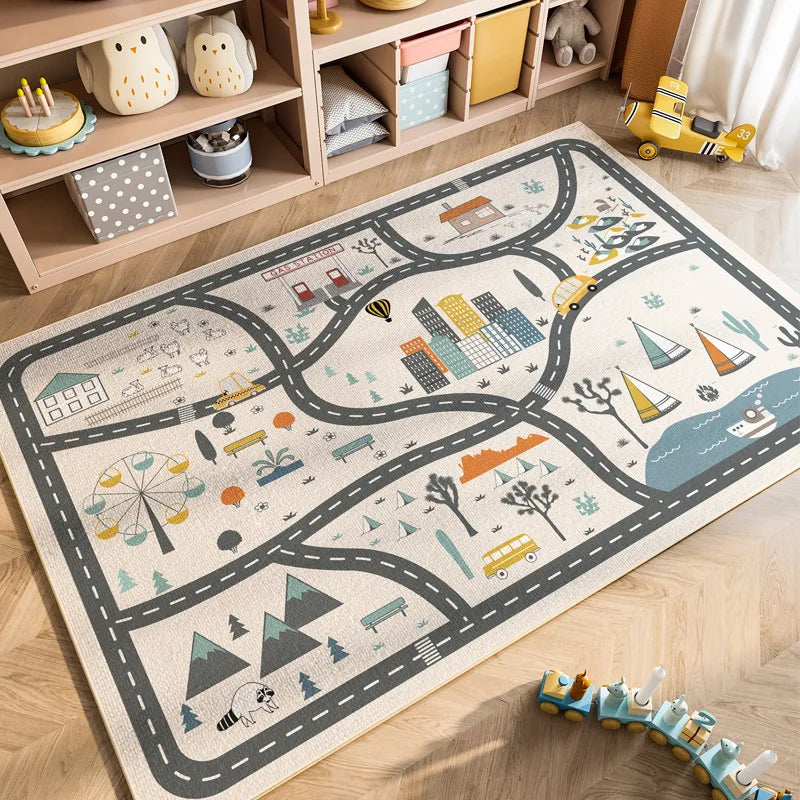 Cartoon Car Traffic Kids Play Mat Crystal Velvet Children's Area Rug Baby Crawling Carpet for Playroom Bedroom Living Room