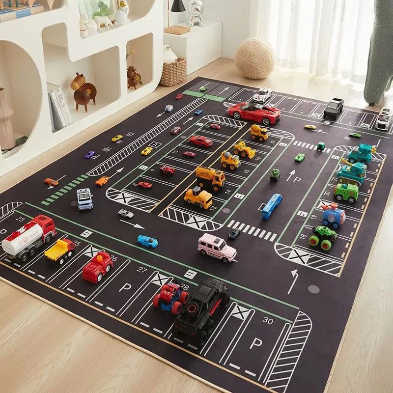 Cartoon Car Traffic Kids Play Mat Crystal Velvet Children's Area Rug Baby Crawling Carpet for Playroom Bedroom Living Room