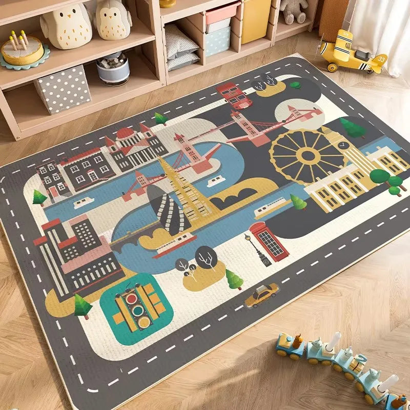 Cartoon Car Traffic Kids Play Mat Crystal Velvet Children's Area Rug Baby Crawling Carpet for Playroom Bedroom Living Room