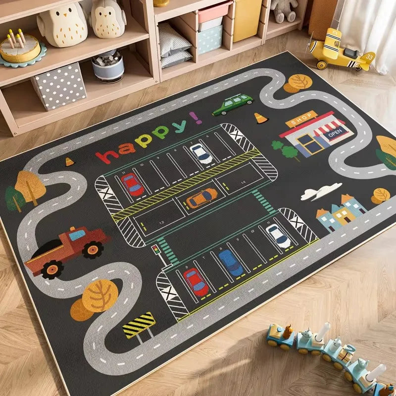 Cartoon Car Traffic Kids Play Mat Crystal Velvet Children's Area Rug Baby Crawling Carpet for Playroom Bedroom Living Room