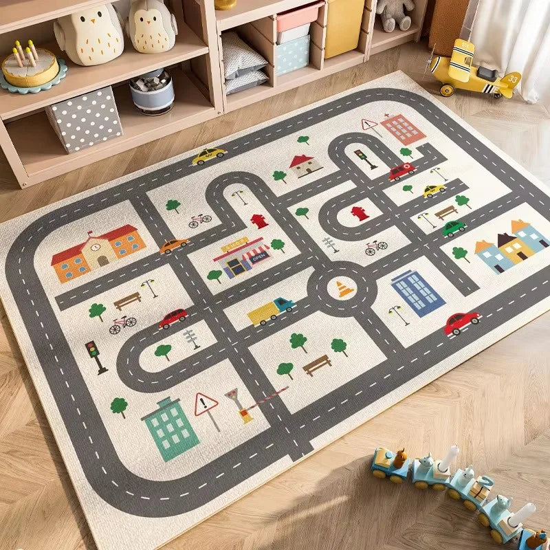 Cartoon Car Traffic Kids Play Mat Crystal Velvet Children's Area Rug Baby Crawling Carpet for Playroom Bedroom Living Room