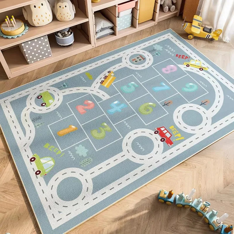 Cartoon Car Traffic Kids Play Mat Crystal Velvet Children's Area Rug Baby Crawling Carpet for Playroom Bedroom Living Room