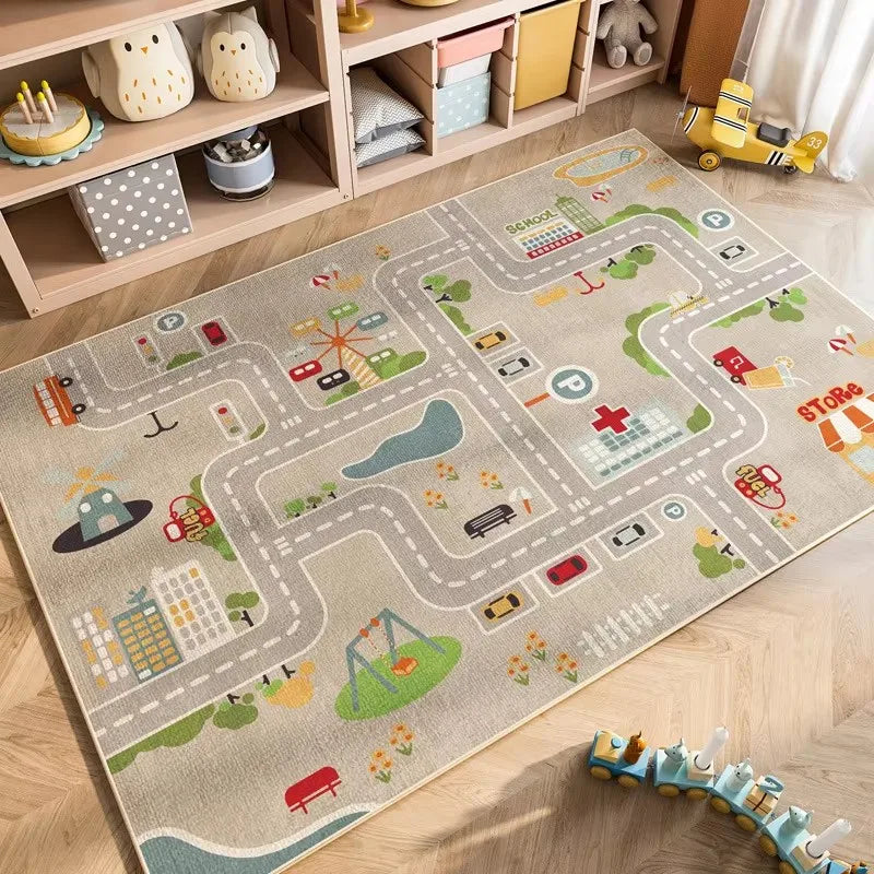 Cartoon Car Traffic Kids Play Mat Crystal Velvet Children's Area Rug Baby Crawling Carpet for Playroom Bedroom Living Room